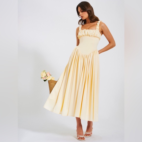 NWT Noreen cream / pastel yellow Satin Corset midi / Maxi formal Sundress - Picture 7 of 16